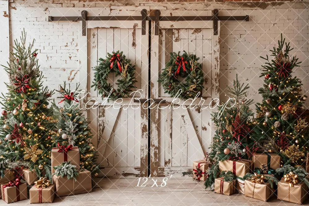 Kate Christmas White Shabby Barn Door Fleece Backdrop Designed by Emetselch