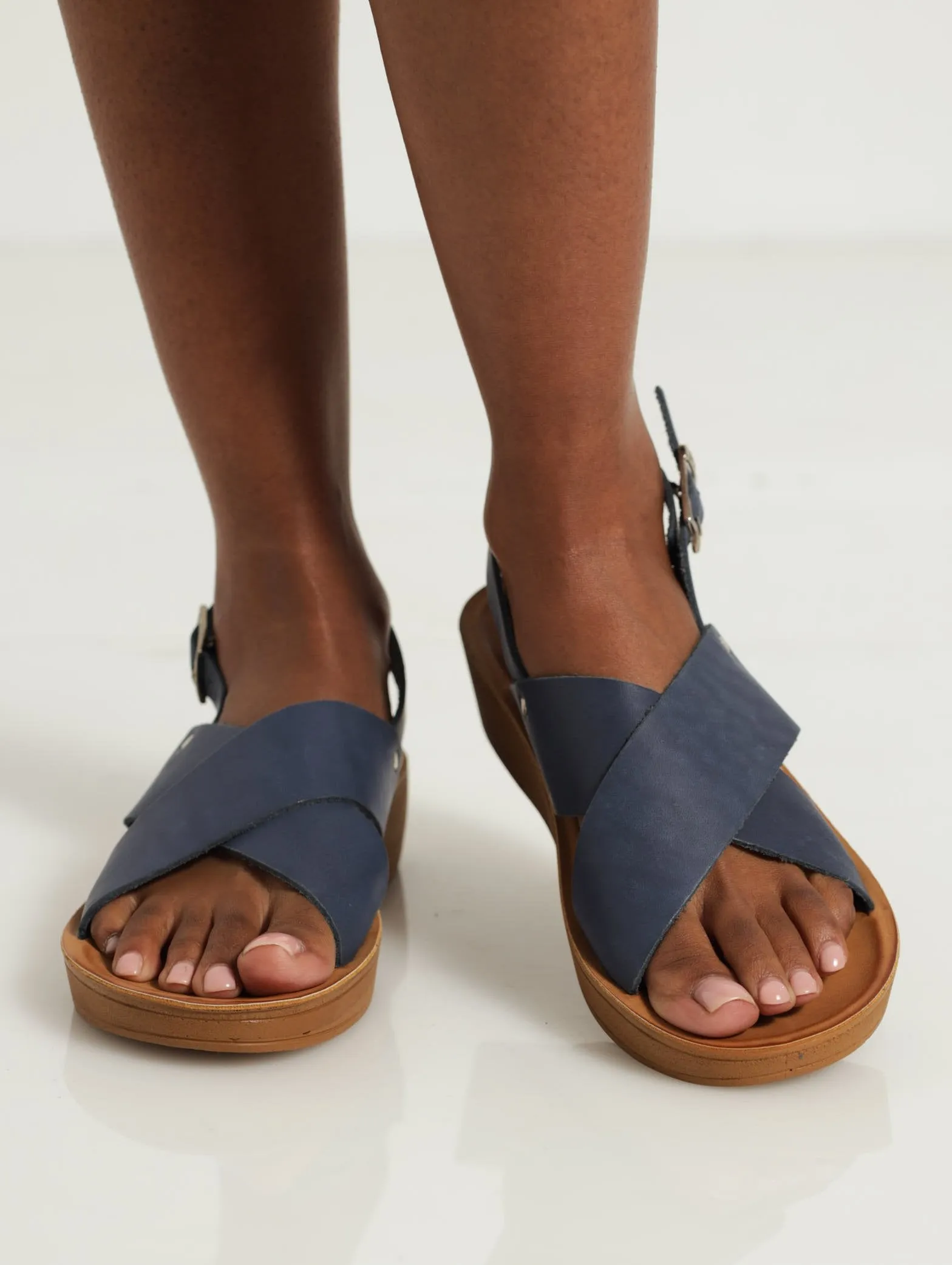 Kate Leather Wedge Backstrap Sandal - Navy