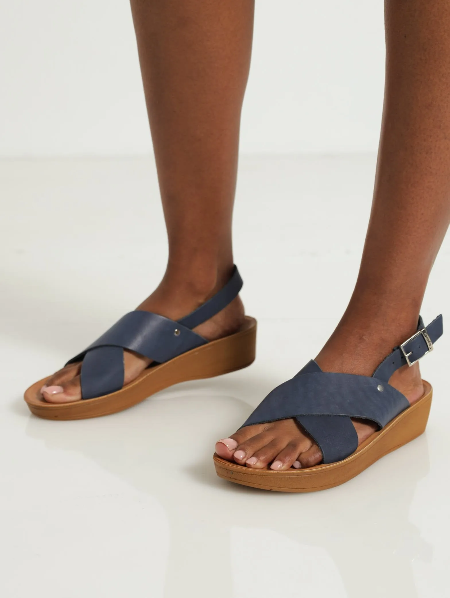 Kate Leather Wedge Backstrap Sandal - Navy
