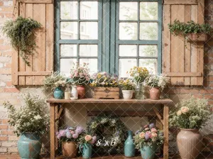 Kate Spring Rustic Floral Window Table Fleece Backdrop Designed by Emetselch