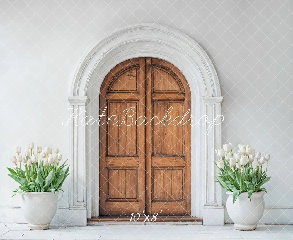 Kate Spring Wooden Arched Door Tulips Fleece Backdrop Designed by Emetselch