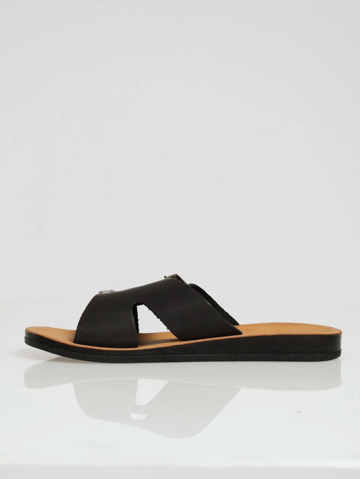 Kelly Leather Double Strap Buckle Mule Sandal - Black