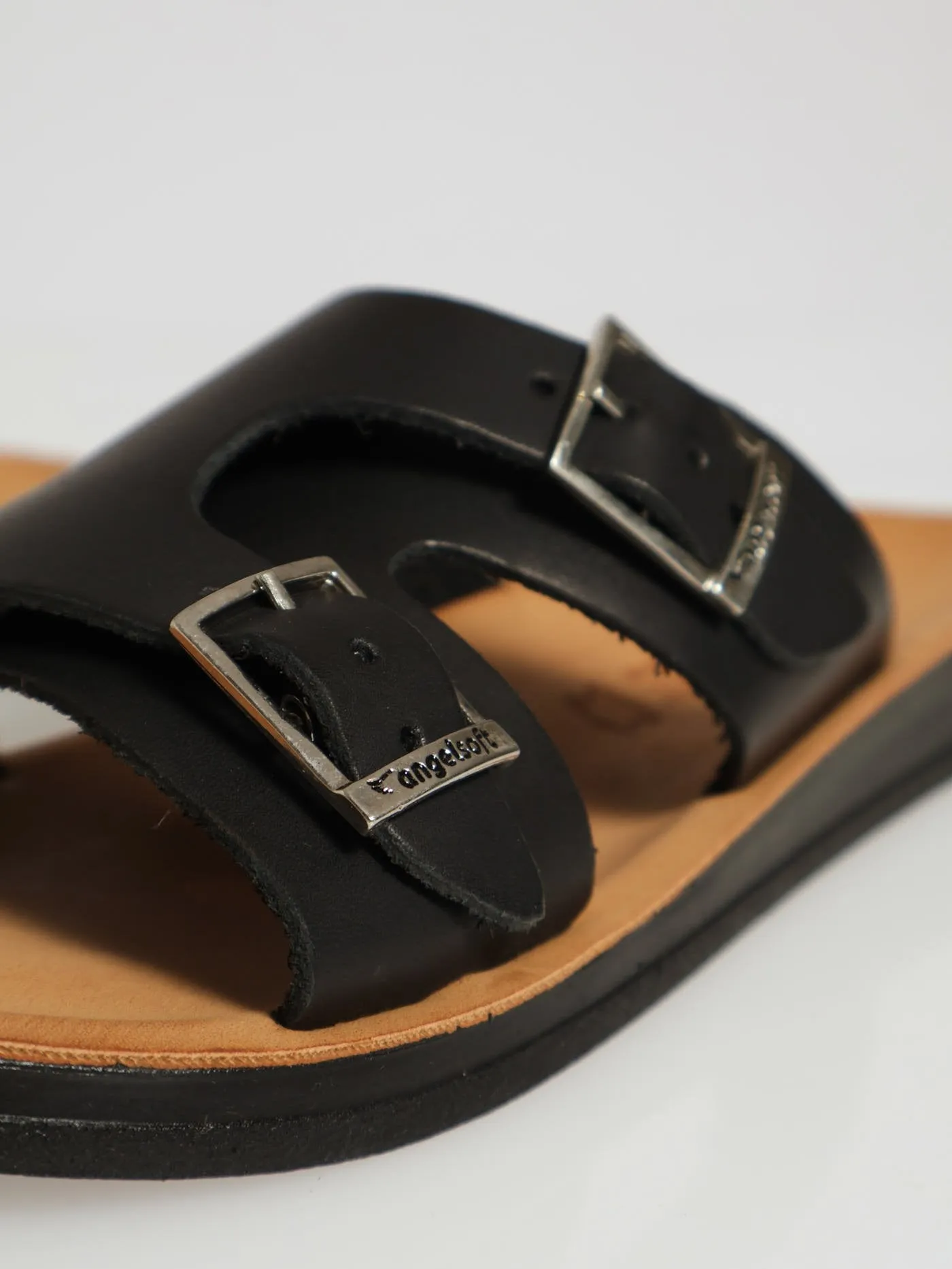 Kelly Leather Double Strap Buckle Mule Sandal - Black