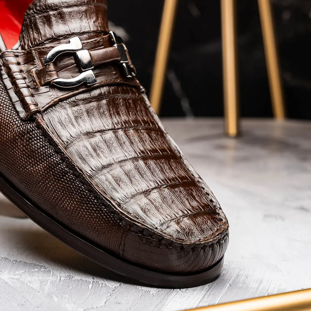 Marco Di Milano Adro Brown Caiman Crocodile / Lizard Bit Loafers