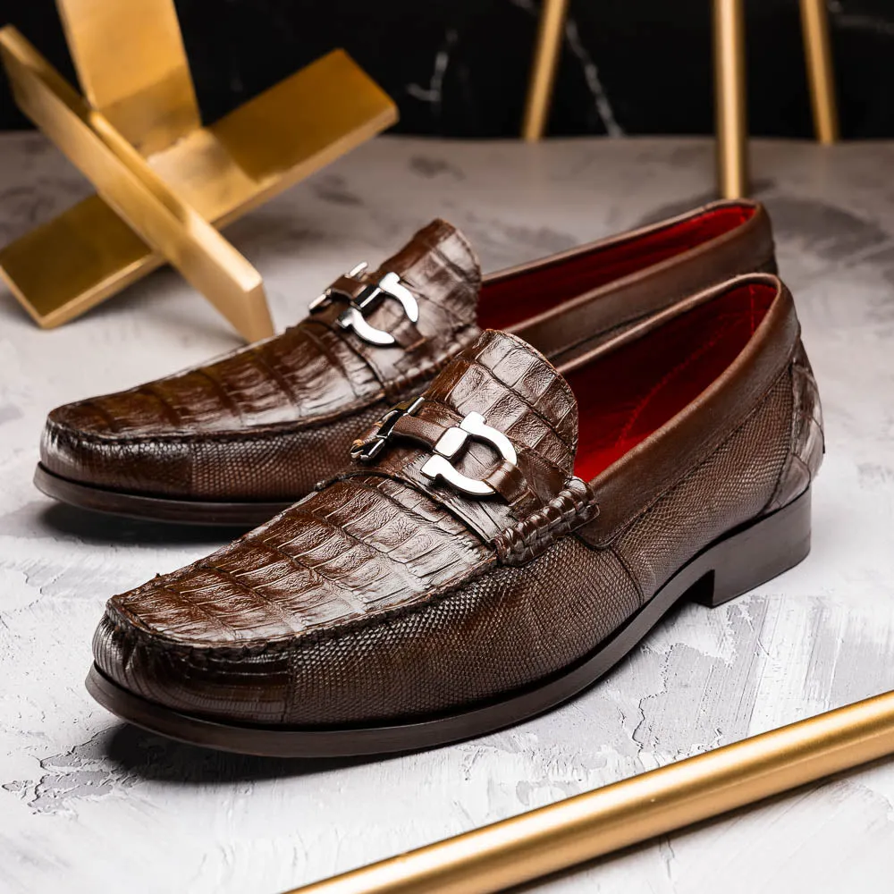 Marco Di Milano Adro Brown Caiman Crocodile / Lizard Bit Loafers