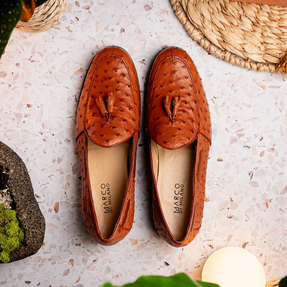 Marco Di Milano Aubiere in Cognac Ostrich Tassel Loafers
