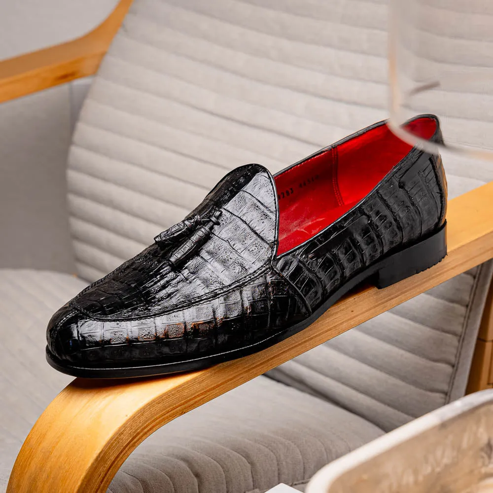 Marco Di Milano Bianchi Black Caiman Crocodile Tassel Loafers