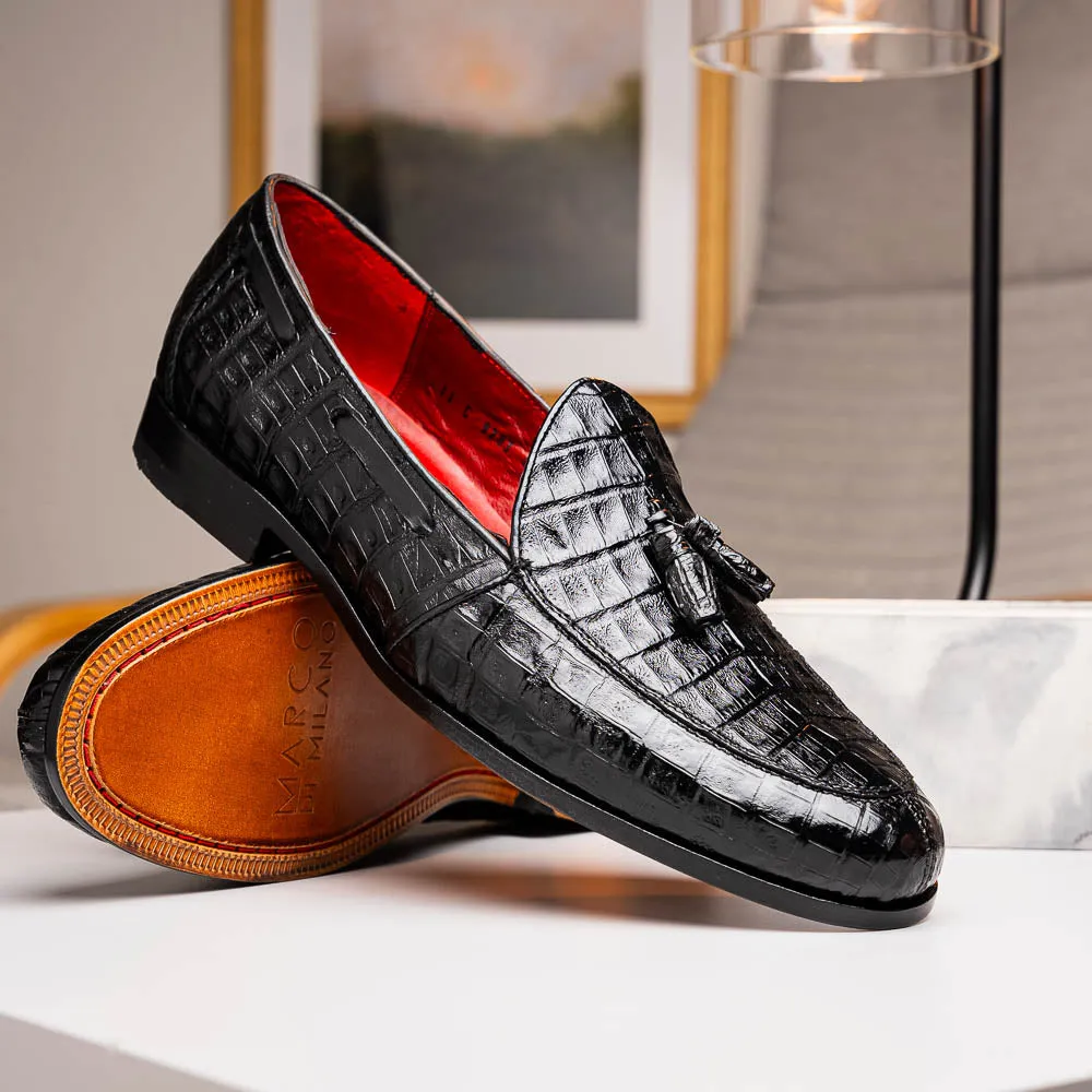 Marco Di Milano Bianchi Black Caiman Crocodile Tassel Loafers