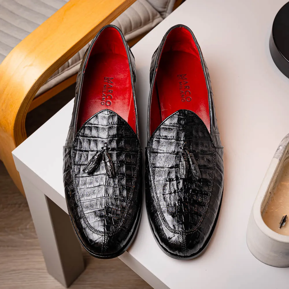 Marco Di Milano Bianchi Black Caiman Crocodile Tassel Loafers