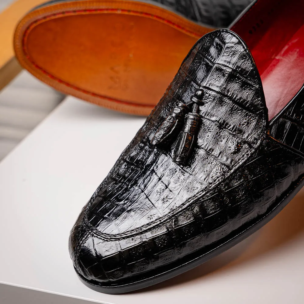 Marco Di Milano Bianchi Black Caiman Crocodile Tassel Loafers