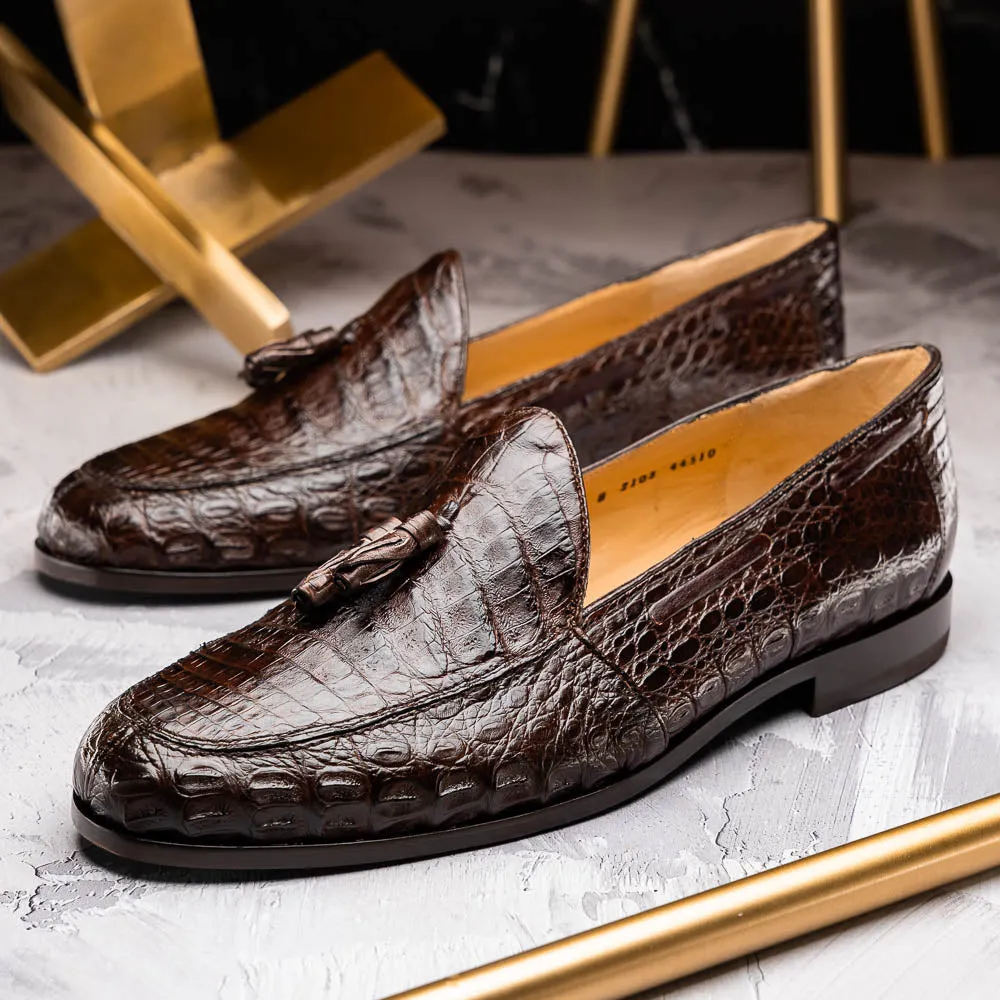 Marco Di Milano Bianchi Brown Caiman Crocodile Tassel Loafers