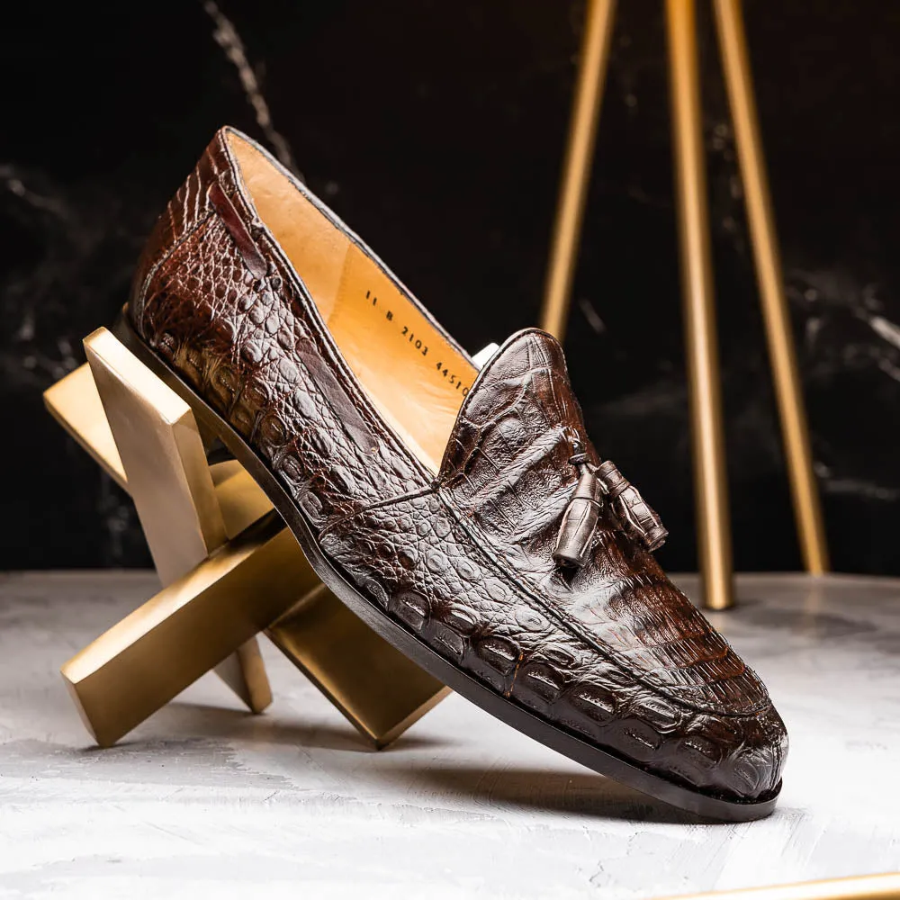 Marco Di Milano Bianchi Brown Caiman Crocodile Tassel Loafers
