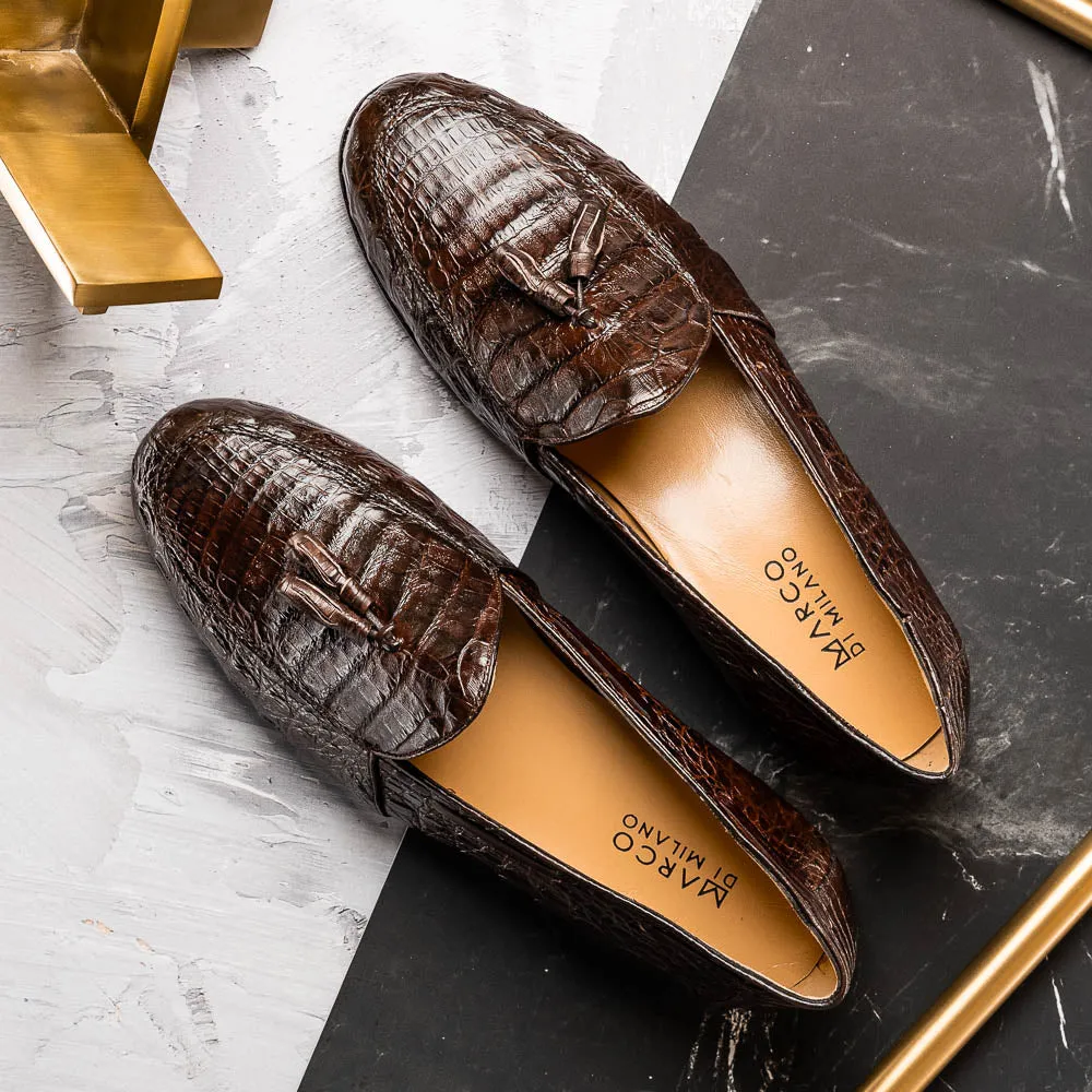 Marco Di Milano Bianchi Brown Caiman Crocodile Tassel Loafers