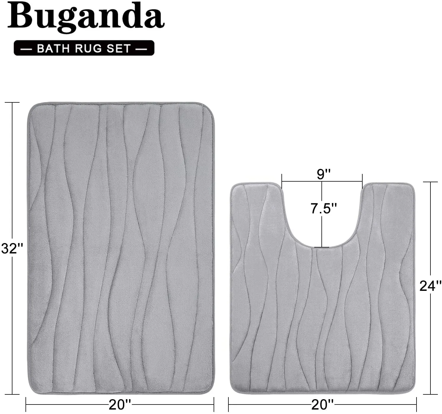 New Buganda Memory Foam 2 Pieces Bath Rugs Set - Soft Non-Slip Thick Bath Mat and Contour Toilet Rug, Absorbent Washable Bathroom Rugs and Mats Set (20"x 24"  20"x 32", Grey) Retails $74 
