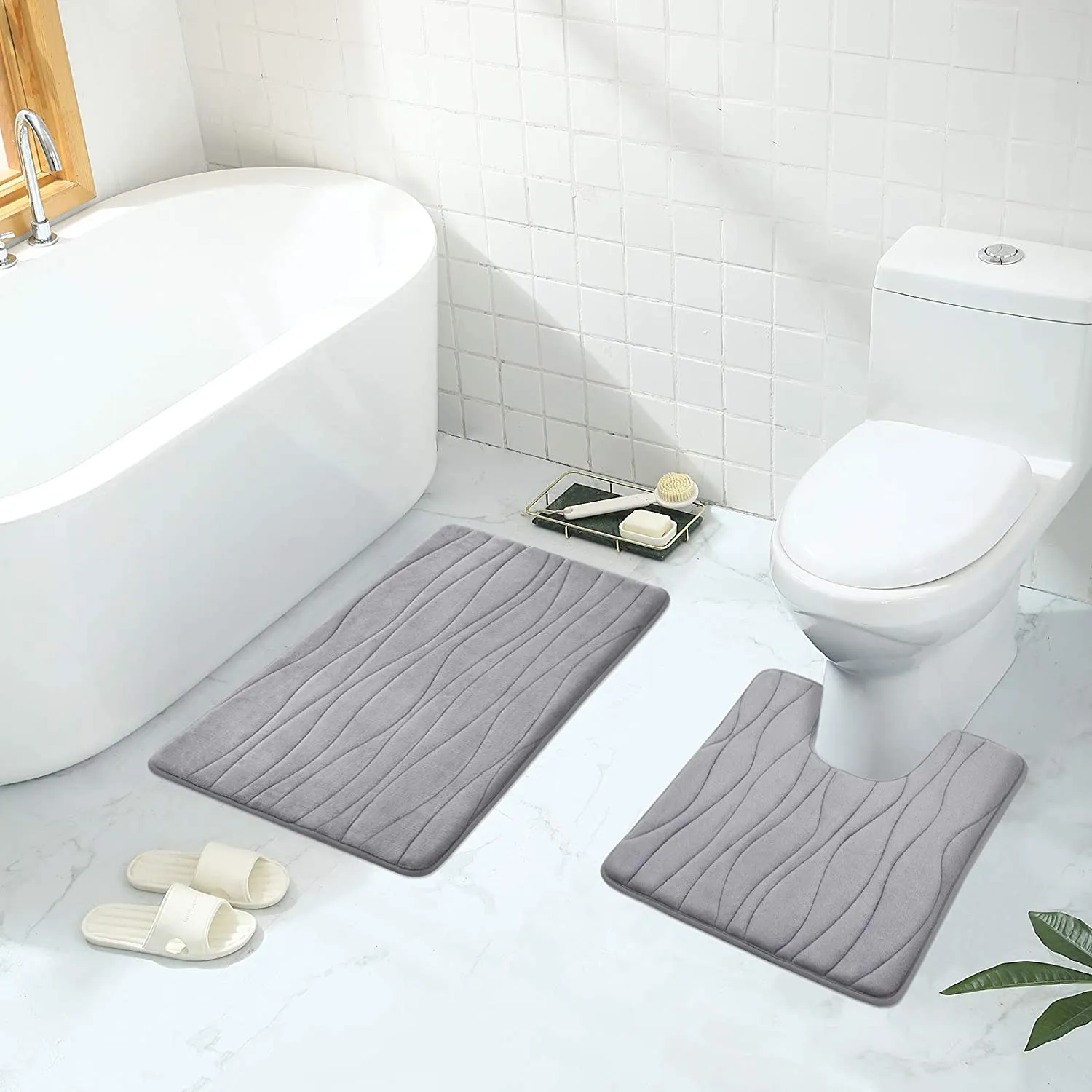 New Buganda Memory Foam 2 Pieces Bath Rugs Set - Soft Non-Slip Thick Bath Mat and Contour Toilet Rug, Absorbent Washable Bathroom Rugs and Mats Set (20"x 24"  20"x 32", Grey) Retails $74 