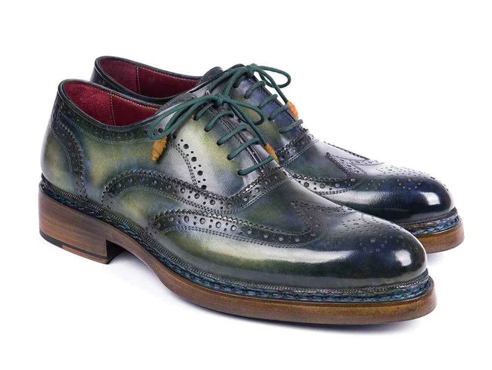 Paul Parkman Triple Leather Sole Wingtip Brogues in Green & Blue