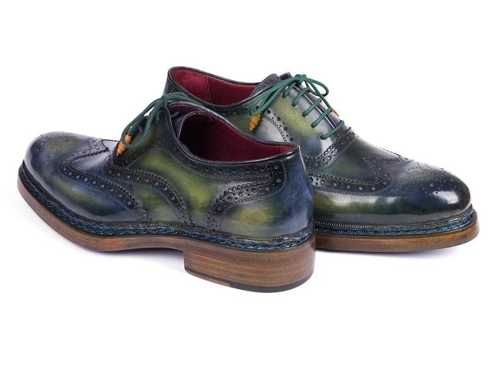 Paul Parkman Triple Leather Sole Wingtip Brogues in Green & Blue