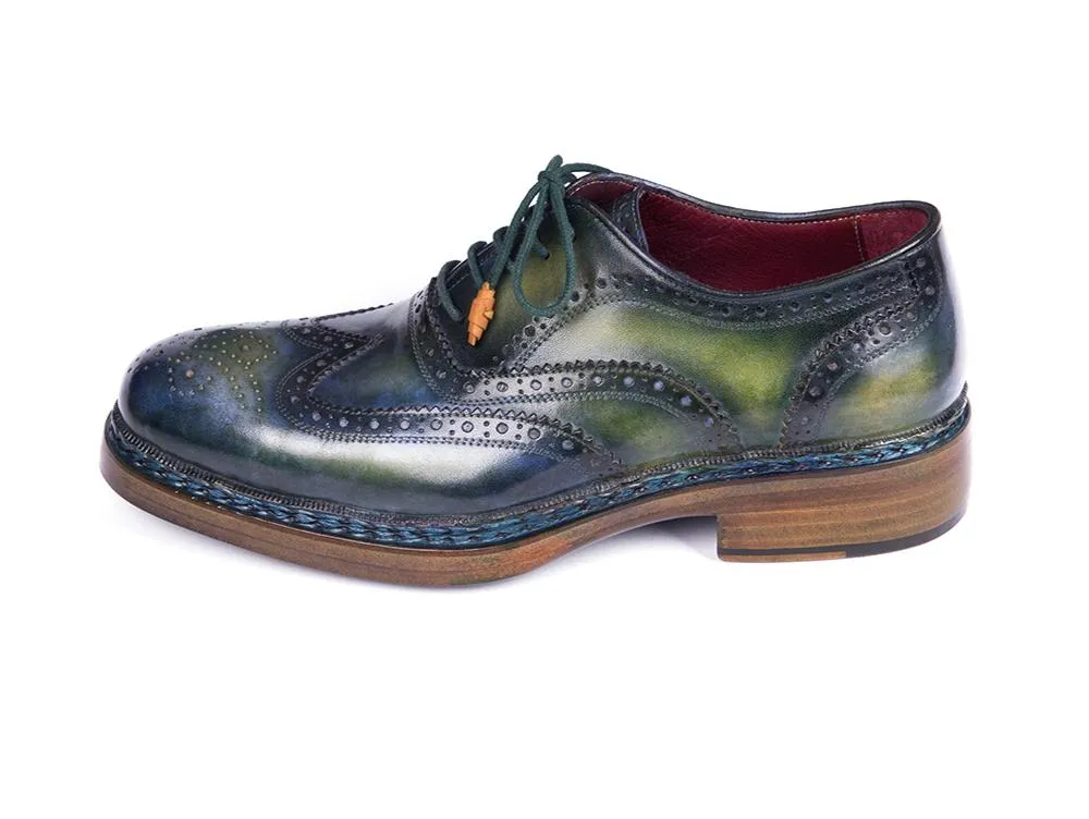 Paul Parkman Triple Leather Sole Wingtip Brogues in Green & Blue