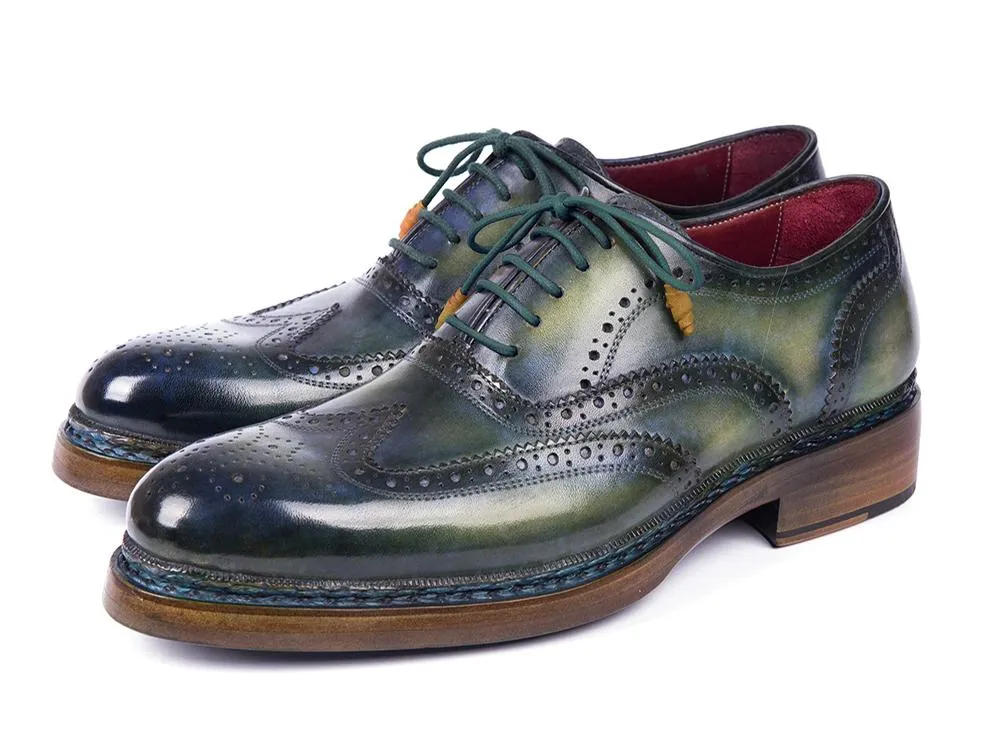 Paul Parkman Triple Leather Sole Wingtip Brogues in Green & Blue