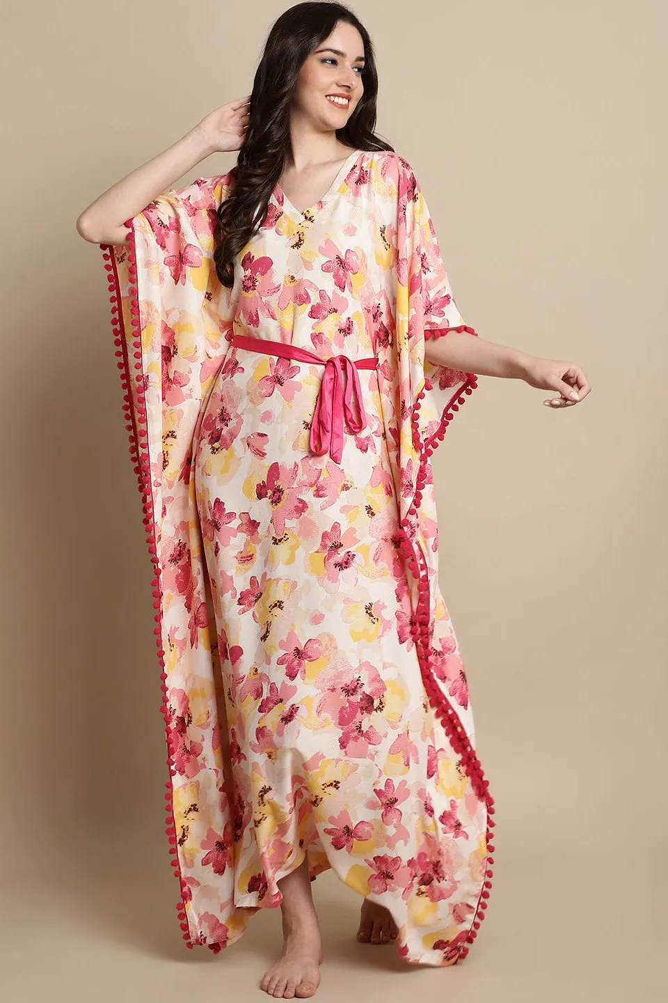 Pink Color Floral Printed Viscose Rayon Kaftan For Women
