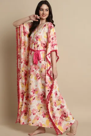 Pink Color Floral Printed Viscose Rayon Kaftan For Women