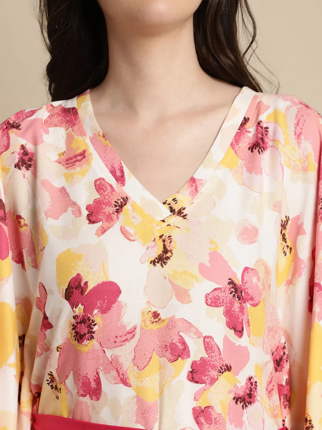 Pink Color Floral Printed Viscose Rayon Kaftan For Women