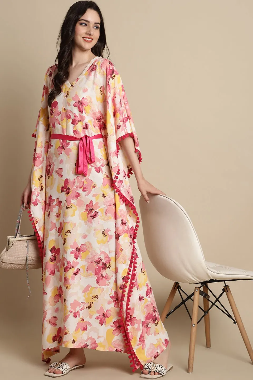 Pink Color Floral Printed Viscose Rayon Kaftan For Women