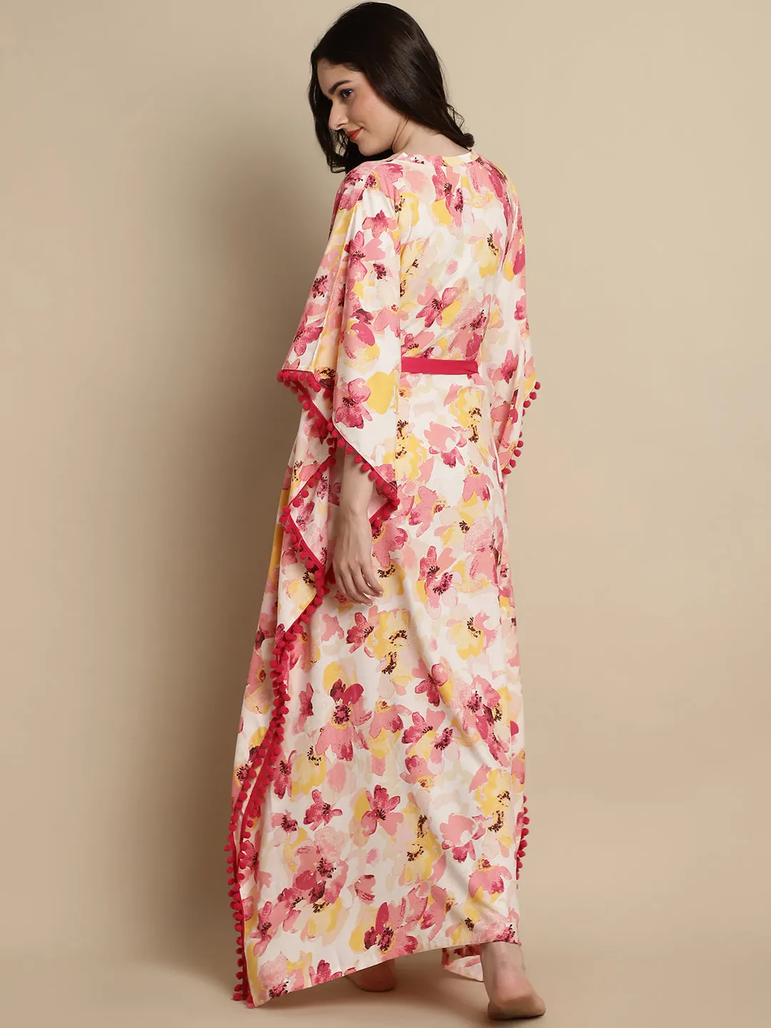 Pink Color Floral Printed Viscose Rayon Kaftan For Women