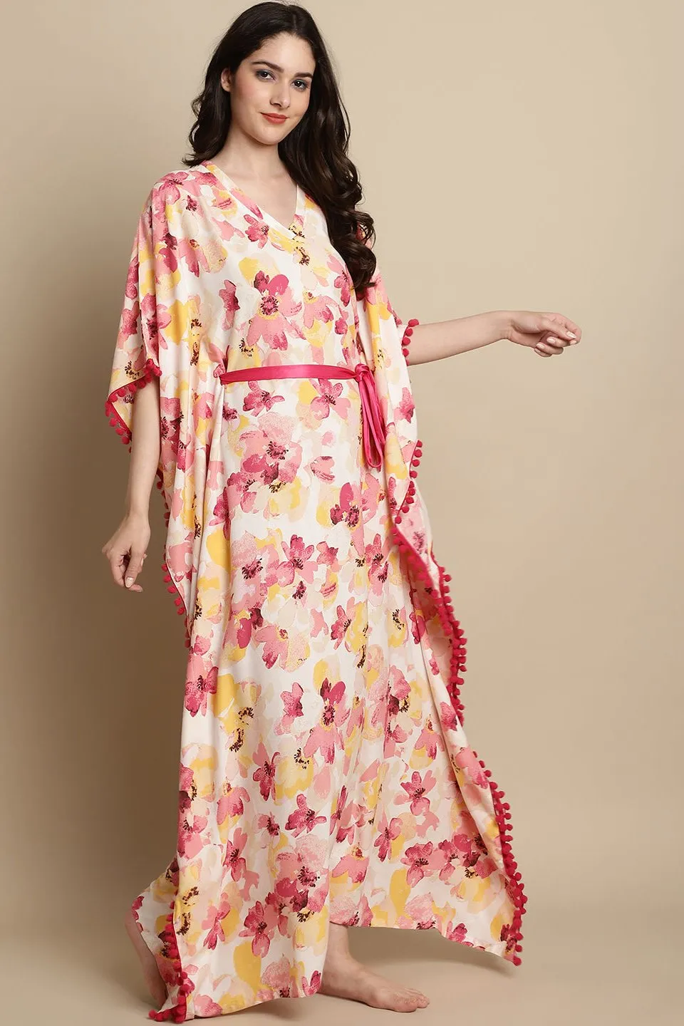 Pink Color Floral Printed Viscose Rayon Kaftan For Women