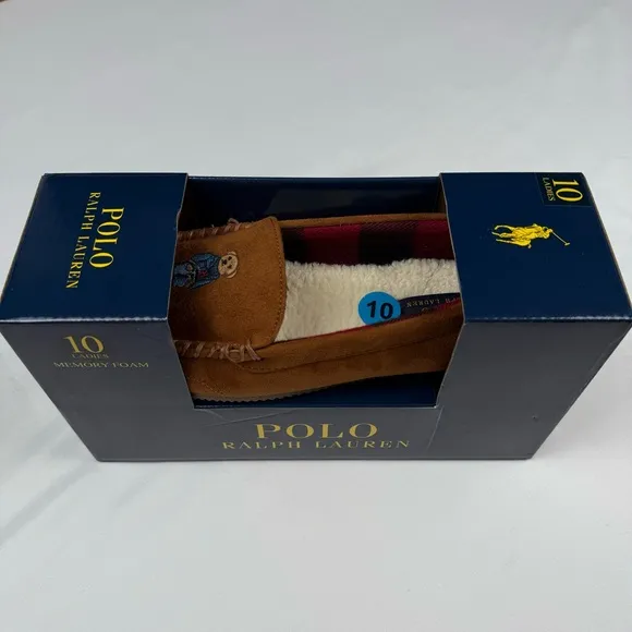 Polo Ralph Lauren Women’s Size‎ 10 Brown Moccasin Slippers Bear Embroidered NIB