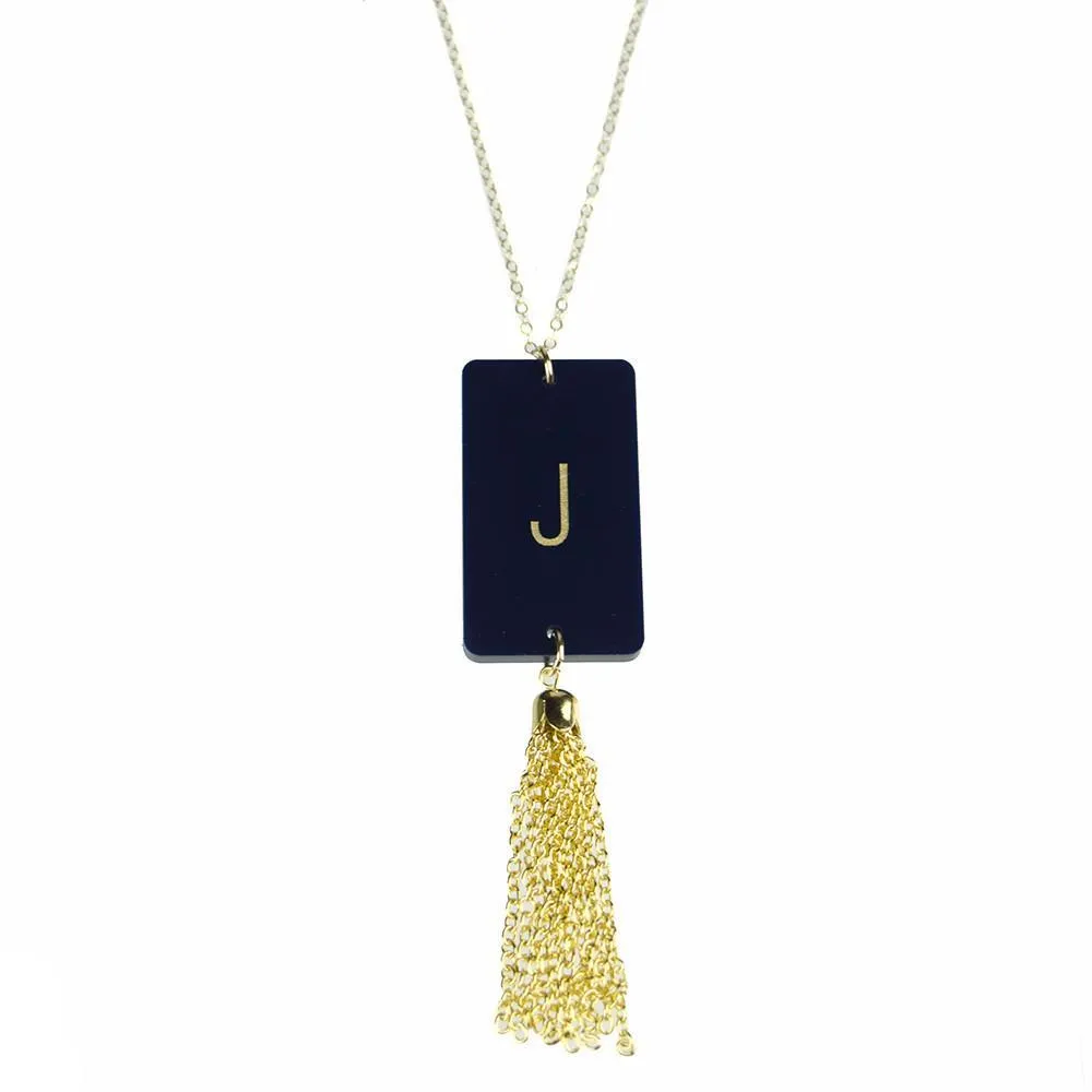 Rectangle Charm Tassel Necklace (WS)