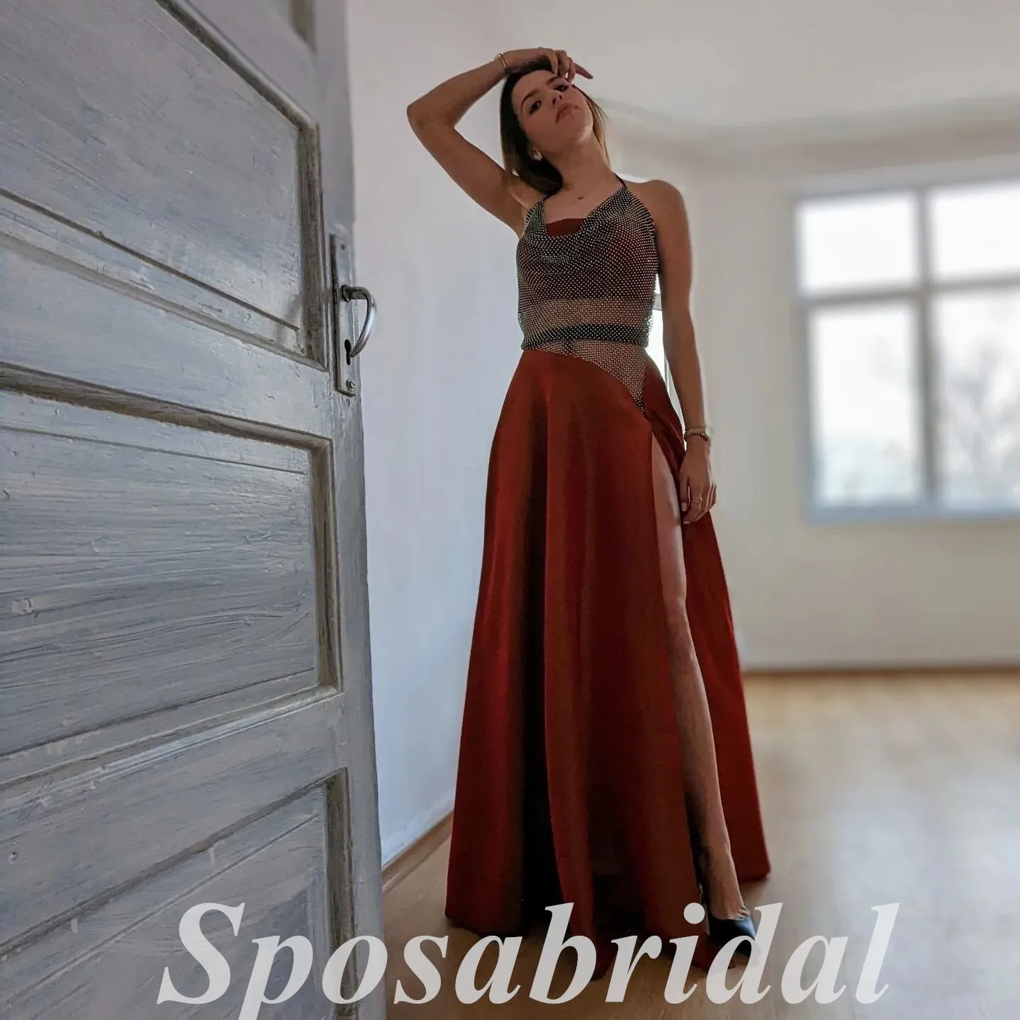 Sexy Satin And Tulle Halter Sleeveless Side Slit A-Line Long Prom Dresses,PD3655