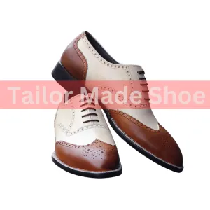 Two-Tone Wingtip Brogues – Handcrafted Leather Oxford Shoes Elegant Brown & Cream Formal Shoes for Men – Classic Brogue Design