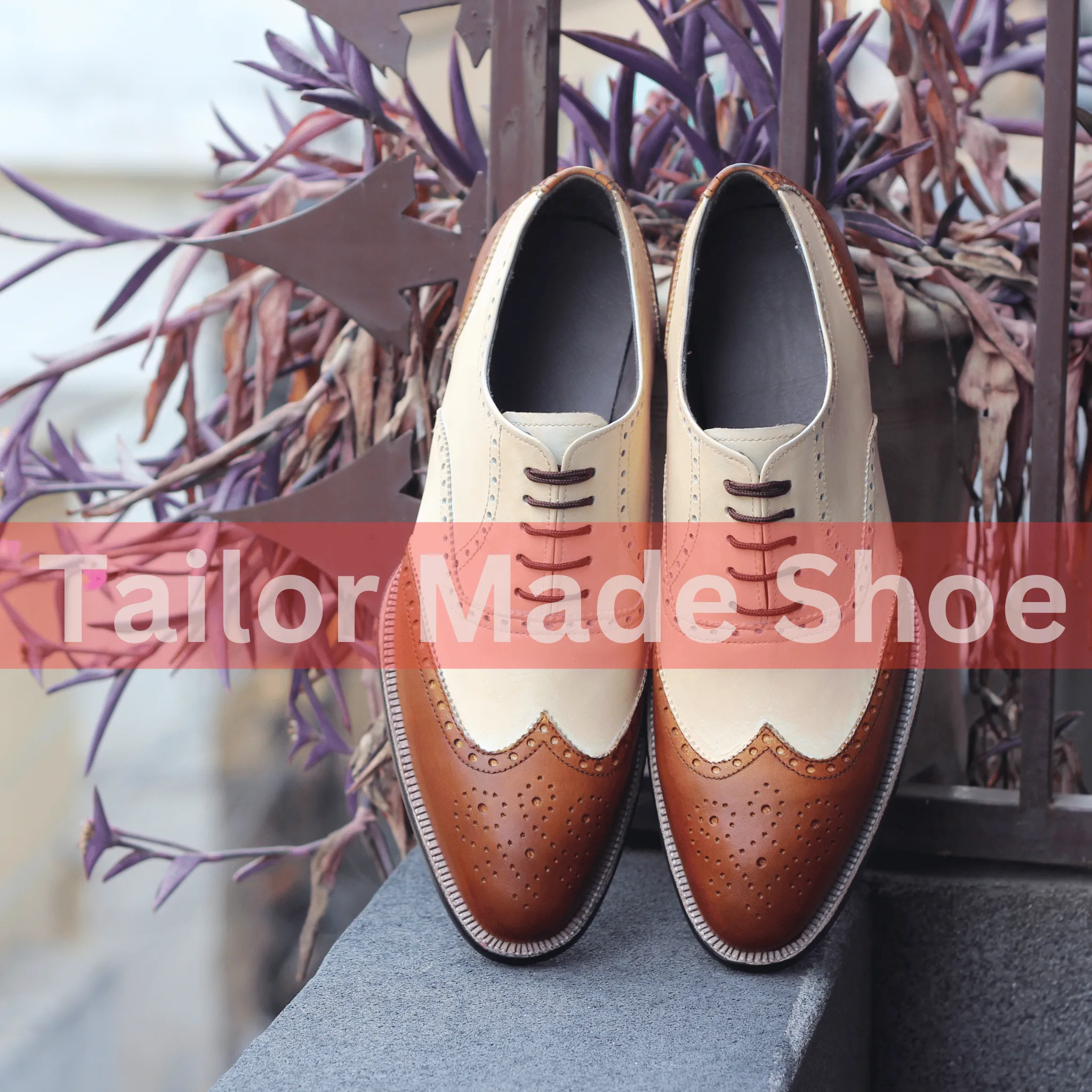Two-Tone Wingtip Brogues – Handcrafted Leather Oxford Shoes Elegant Brown & Cream Formal Shoes for Men – Classic Brogue Design