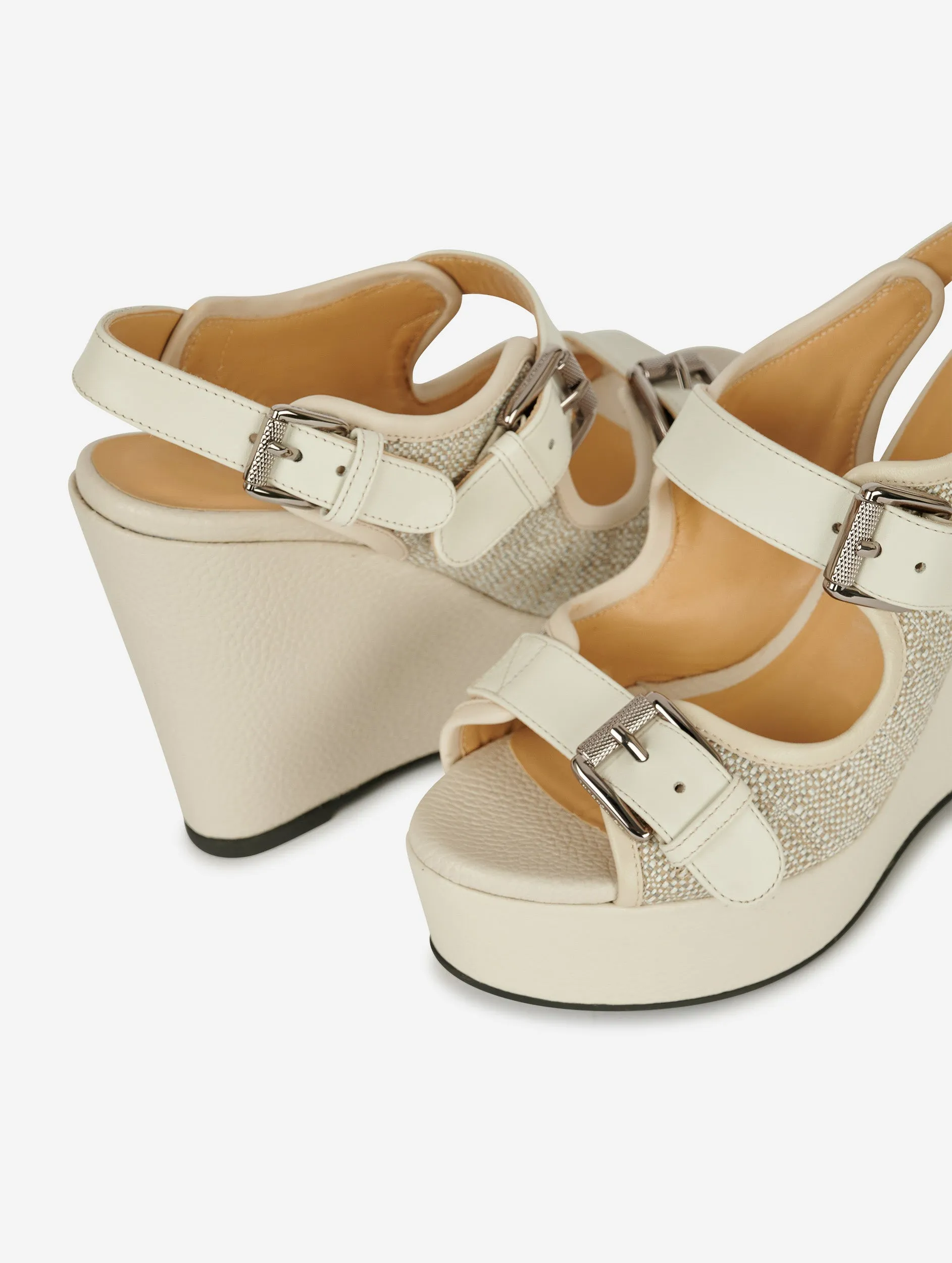 wedge sandals in leather and ivory fabric