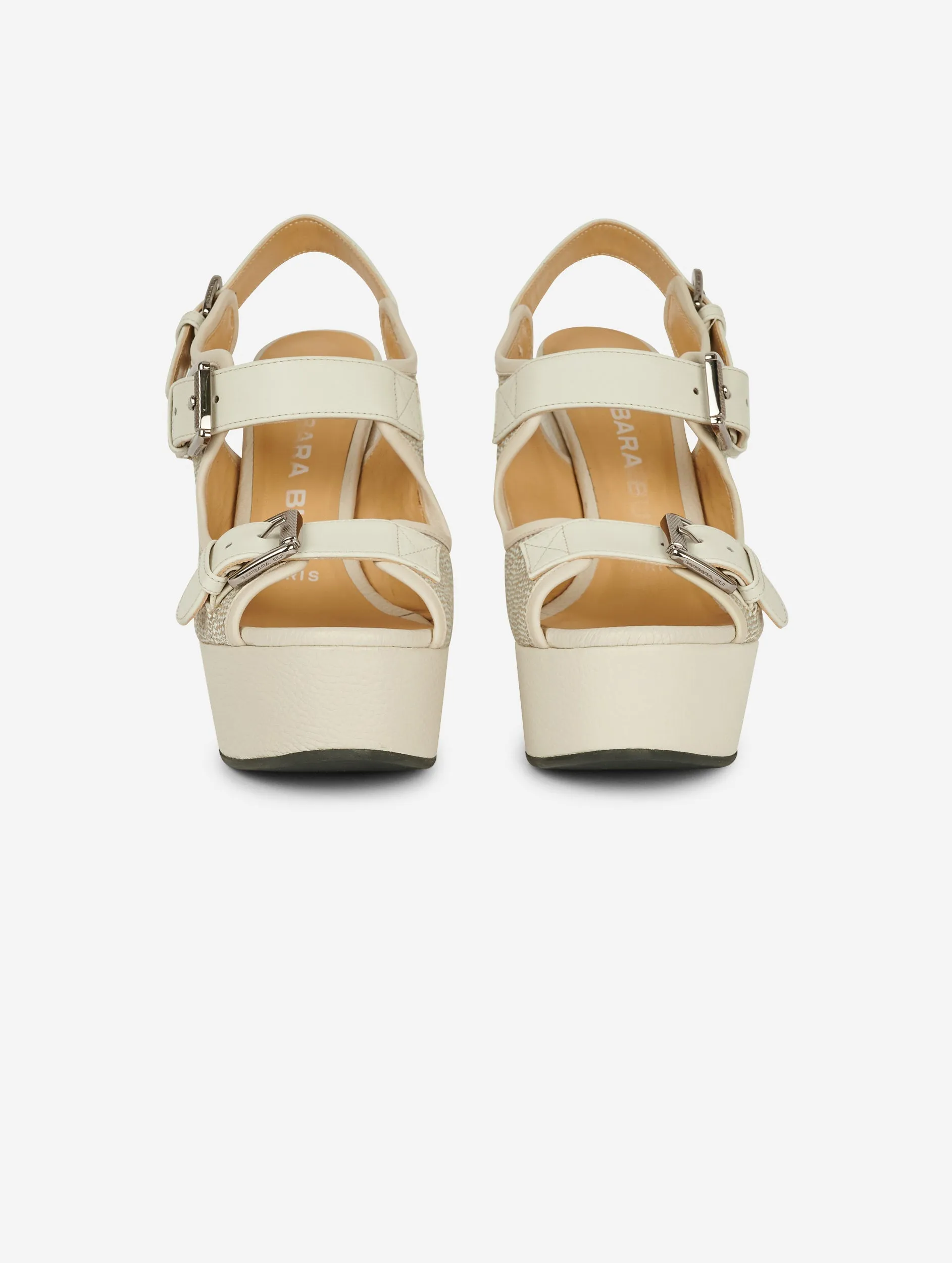 wedge sandals in leather and ivory fabric