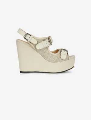 wedge sandals in leather and ivory fabric