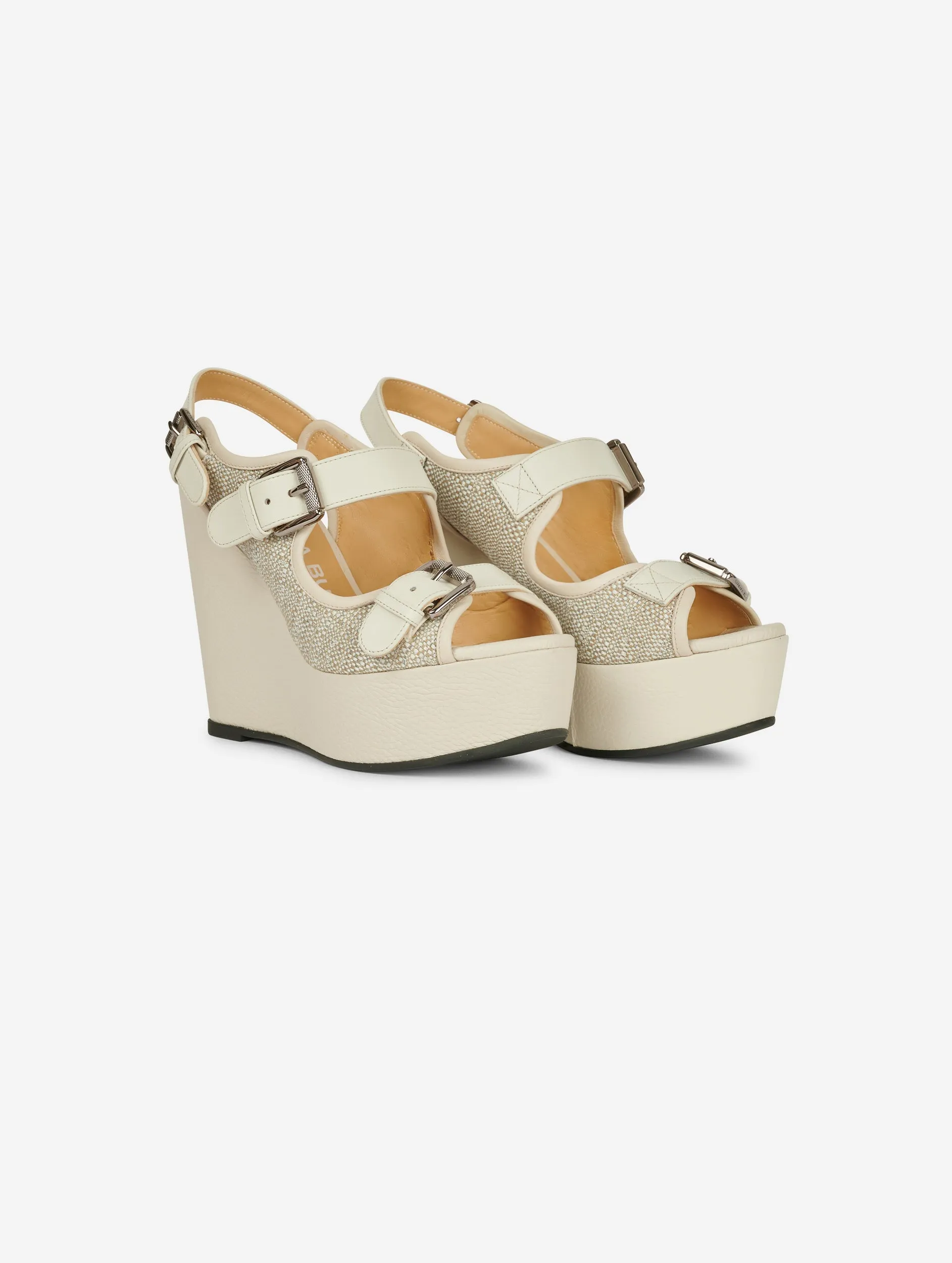 wedge sandals in leather and ivory fabric