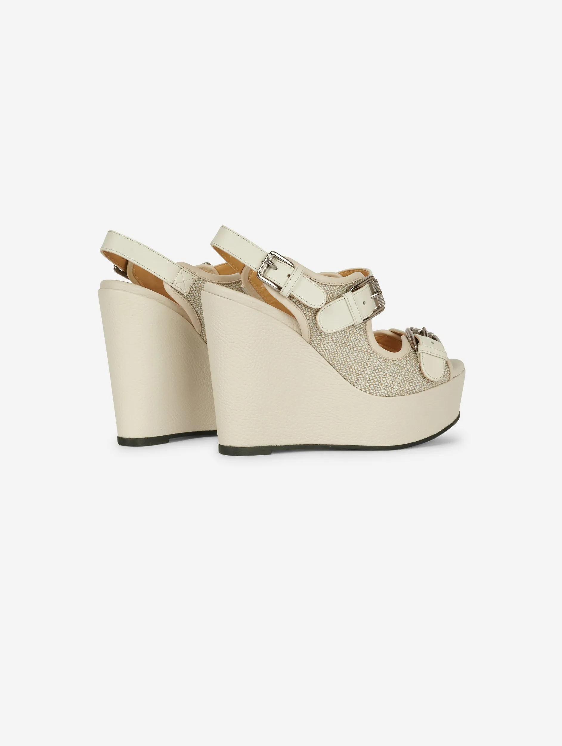 wedge sandals in leather and ivory fabric