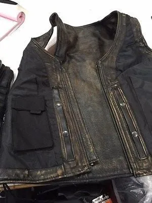 WOMEN'S MOTORCYCLE DISTRESSED LEATHER BROWN VEST W/SIDE LACES & 2GUN POCKETS