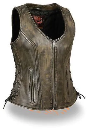 WOMEN'S MOTORCYCLE DISTRESSED LEATHER BROWN VEST W/SIDE LACES & 2GUN POCKETS