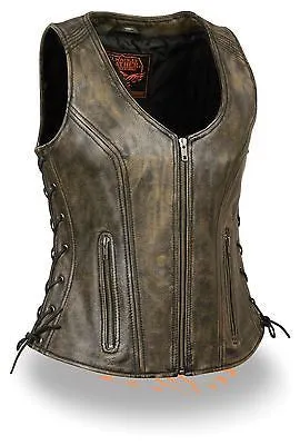 WOMEN'S MOTORCYCLE DISTRESSED LEATHER BROWN VEST W/SIDE LACES & 2GUN POCKETS
